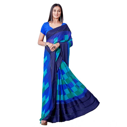 pkrkart Women's Satin Patta Printed Saree With Unstitched Blouse (Skyblue)