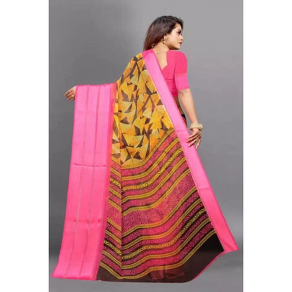 pkrkart Women's Satin Patta Printed Saree With Unstitched Blouse (Pink)