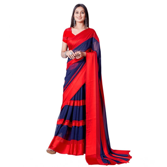 pkrkart Women's Satin Patta Printed Saree With Unstitched Blouse (Red)
