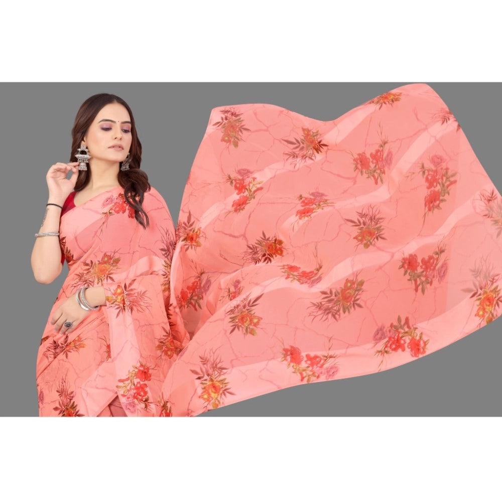 pkrkart Women's Satin Patta Printed Saree With Unstitched Blouse (Peach)