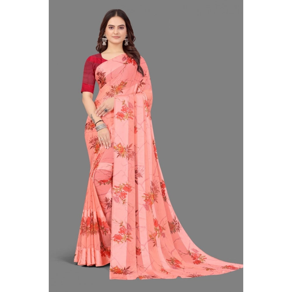 pkrkart Women's Satin Patta Printed Saree With Unstitched Blouse (Peach)