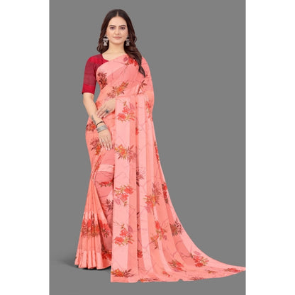 pkrkart Women's Satin Patta Printed Saree With Unstitched Blouse (Peach)