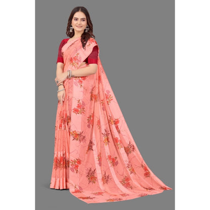 pkrkart Women's Satin Patta Printed Saree With Unstitched Blouse (Peach)