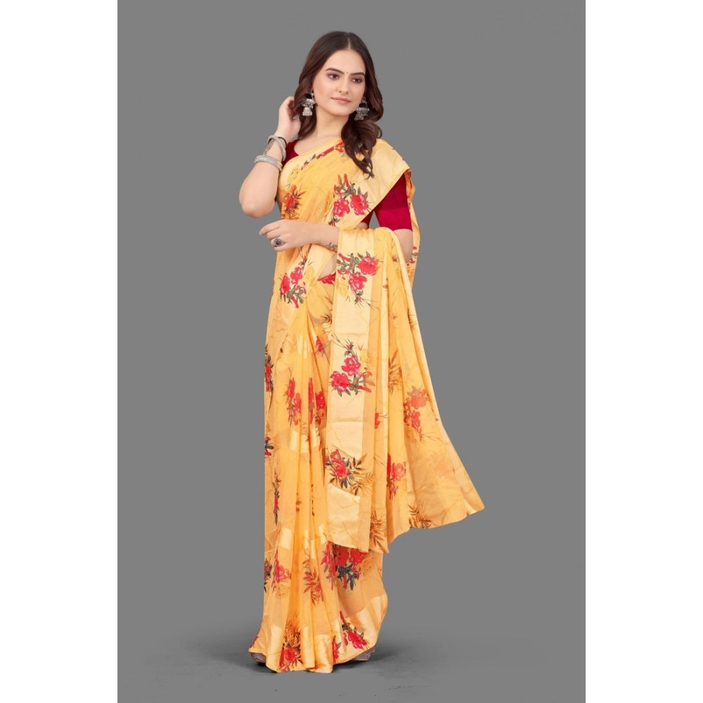 pkrkart Women's Satin Patta Printed Saree With Unstitched Blouse (Beige)