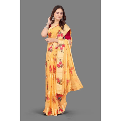 pkrkart Women's Satin Patta Printed Saree With Unstitched Blouse (Beige)