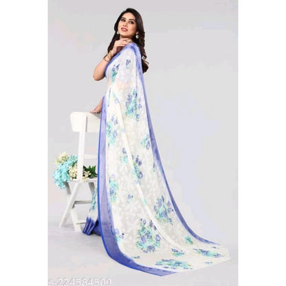 pkrkart Women's Viscose Rayon Printed Saree With Unstitched Blouse (Blue)