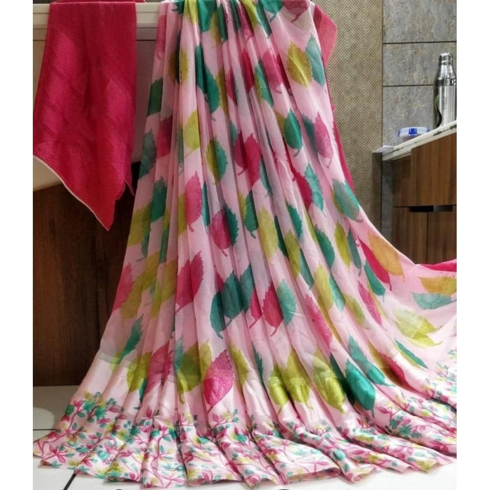 pkrkart Women's Satin Patta Printed Saree With Unstitched Blouse (Pink)
