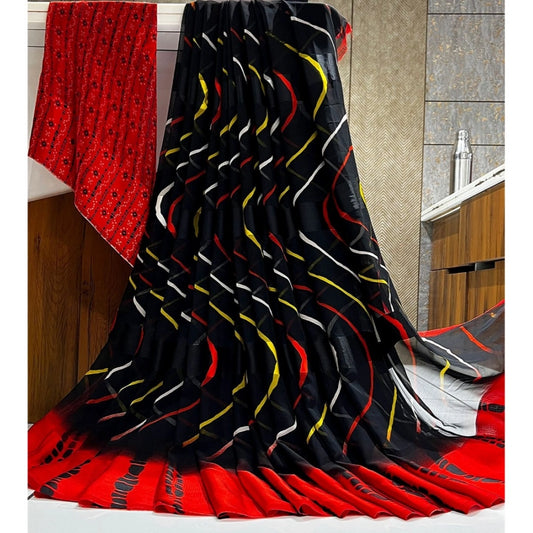 pkrkart Women's Satin Patta Printed Saree With Unstitched Blouse (Red)