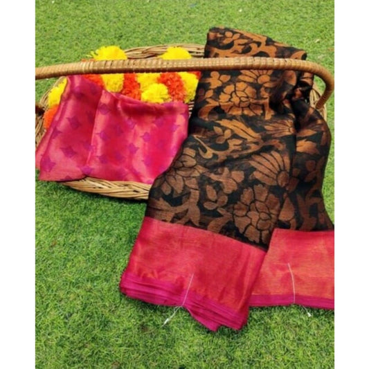 pkrkart Women's Viscose Rayon Printed Saree With Unstitched Blouse (Black Pink)