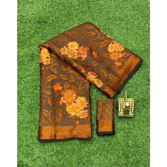 pkrkart Women's Viscose Rayon Printed Saree With Unstitched Blouse (Brown)