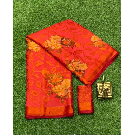 pkrkart Women's Viscose Rayon Printed Saree With Unstitched Blouse (Red)