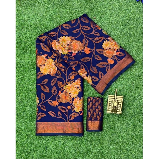 pkrkart Women's Viscose Rayon Printed Saree With Unstitched Blouse (Navyblue)