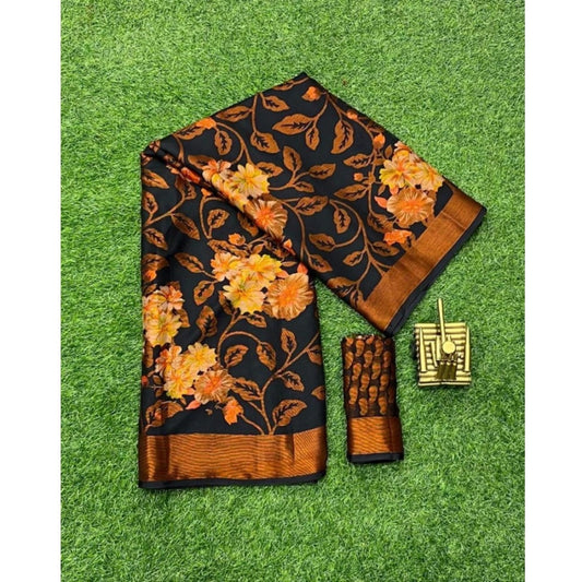 pkrkart Women's Viscose Rayon Printed Saree With Unstitched Blouse (Black)