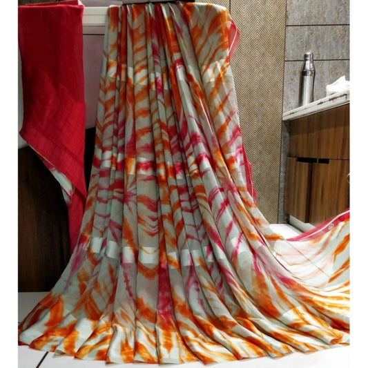pkrkart Women's Satin Patta Printed Saree With Unstitched Blouse (Orange)