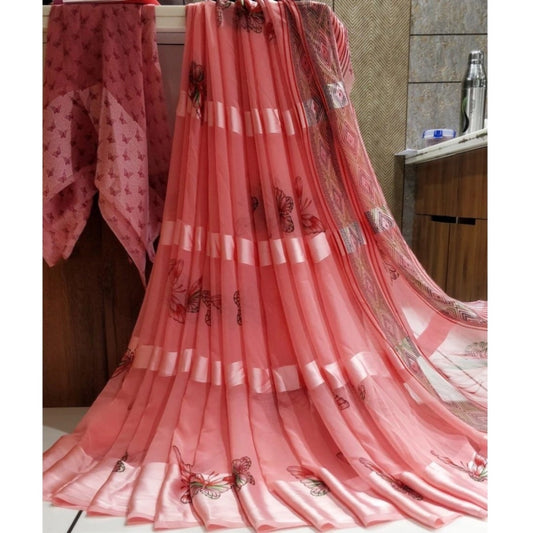 pkrkart Women's Satin Patta Printed Saree With Unstitched Blouse (Pink)