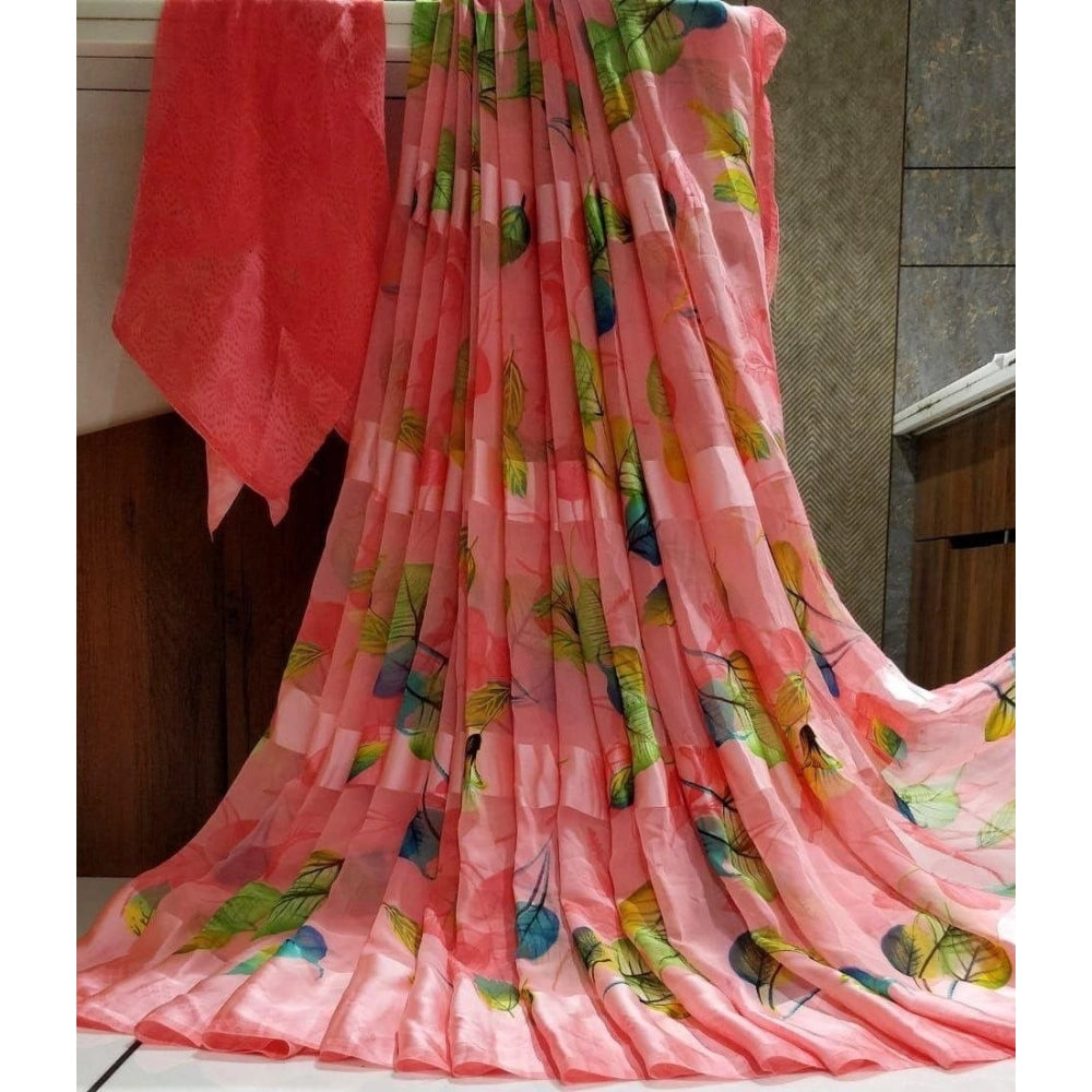 pkrkart Women's Satin Patta Printed Saree With Unstitched Blouse (Pink)