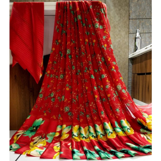 pkrkart Women's Satin Patta Printed Saree With Unstitched Blouse (Red)