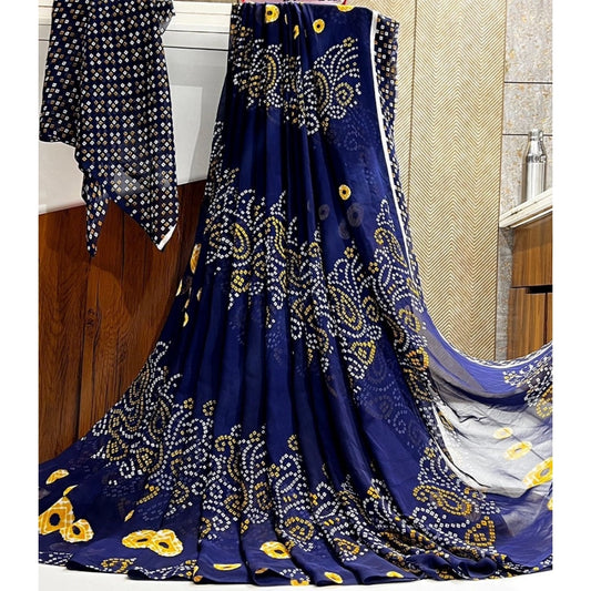 pkrkart Women's Georgette Printed Saree With Unstitched Blouse (Navy Blue)
