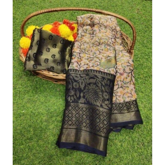 pkrkart Women's Viscose Rayon Printed Saree With Unstitched Blouse (Navyblue)