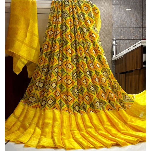 pkrkart Women's Satin Patta Printed Saree With Unstitched Blouse (Yellow)