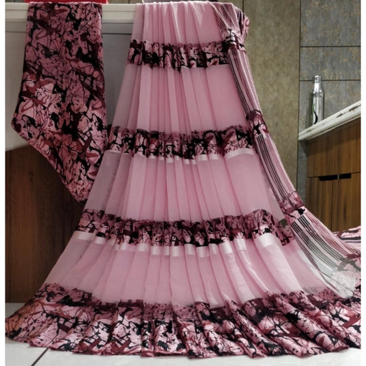 pkrkart Women's Satin Patta Printed Saree With Unstitched Blouse (Pink)