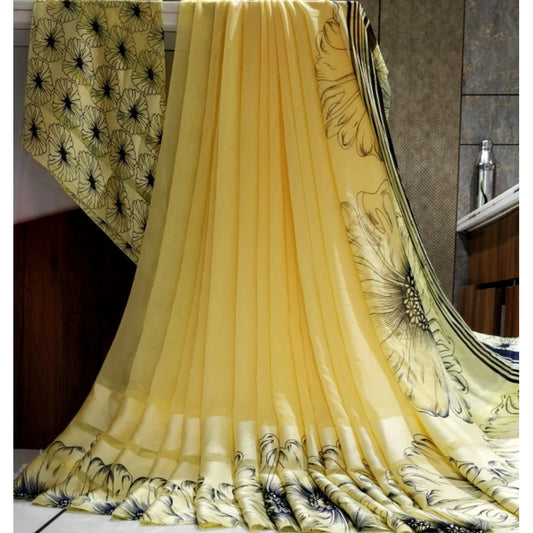 pkrkart Women's Satin Patta Printed Saree With Unstitched Blouse (Yellow)