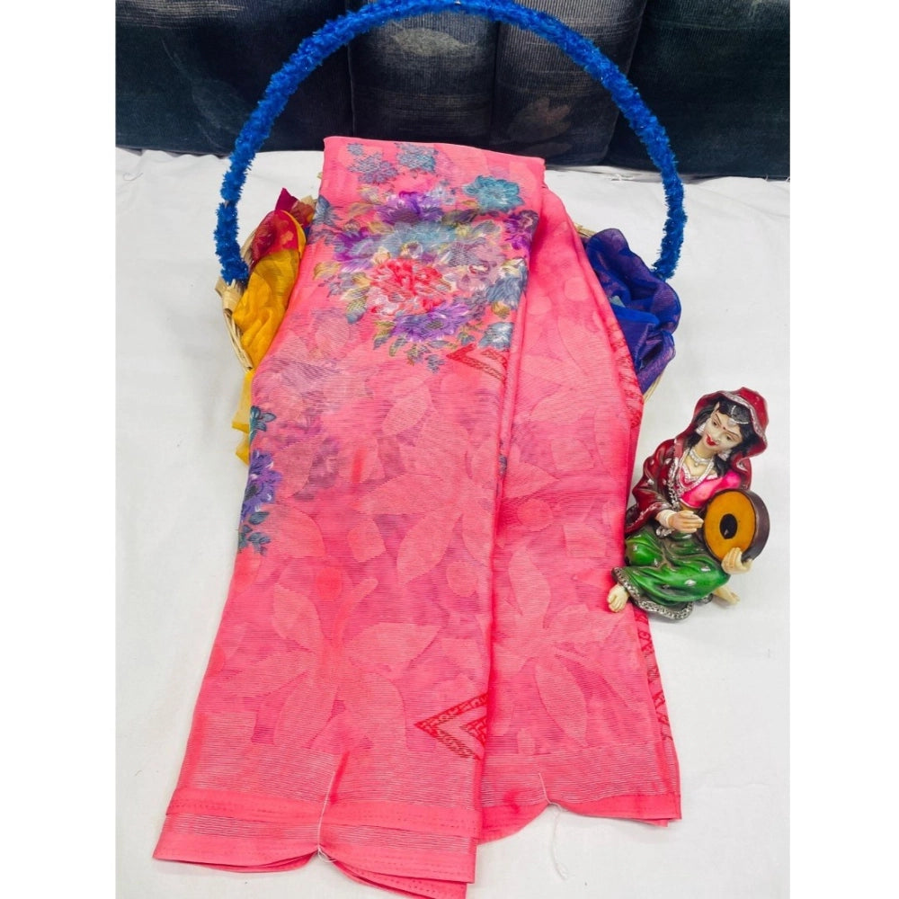 pkrkart Women's Viscose Rayon Printed Saree With Unstitched Blouse (Pink)