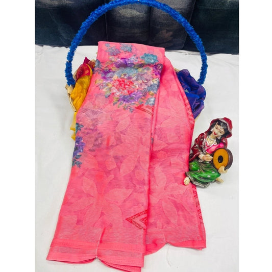 pkrkart Women's Viscose Rayon Printed Saree With Unstitched Blouse (Pink)