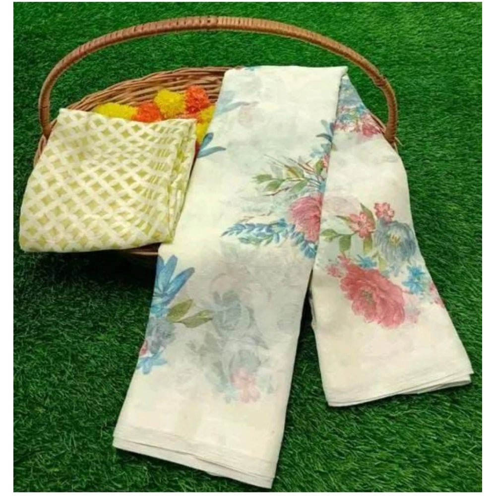 pkrkart Women's Viscose Rayon Printed Saree With Unstitched Blouse (Cream)