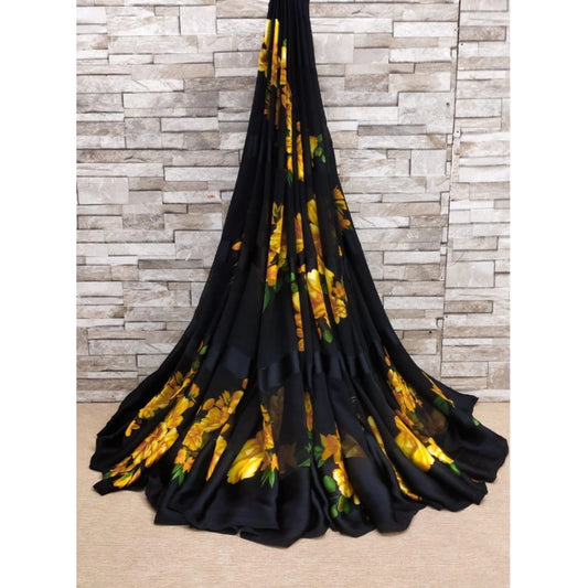 pkrkart Women's Satin Patta Printed Saree With Unstitched Blouse (Yellow)