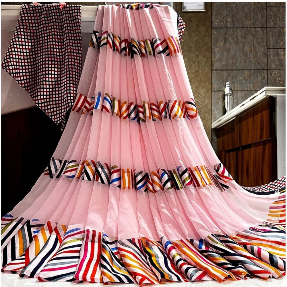 pkrkart Women's Satin Patta Printed Saree With Unstitched Blouse (Pink)