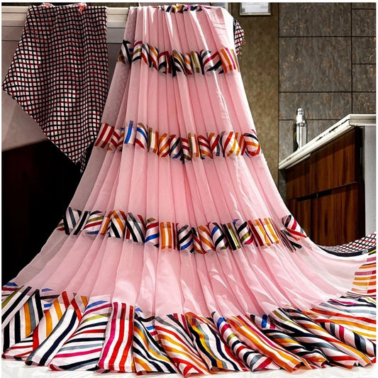 pkrkart Women's Satin Patta Printed Saree With Unstitched Blouse (Pink)