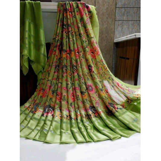 pkrkart Women's Satin Patta Printed Saree With Unstitched Blouse (Green)