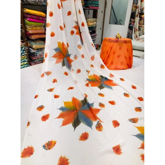 pkrkart Women's Georgette Printed Saree With Unstitched Blouse (Orange)