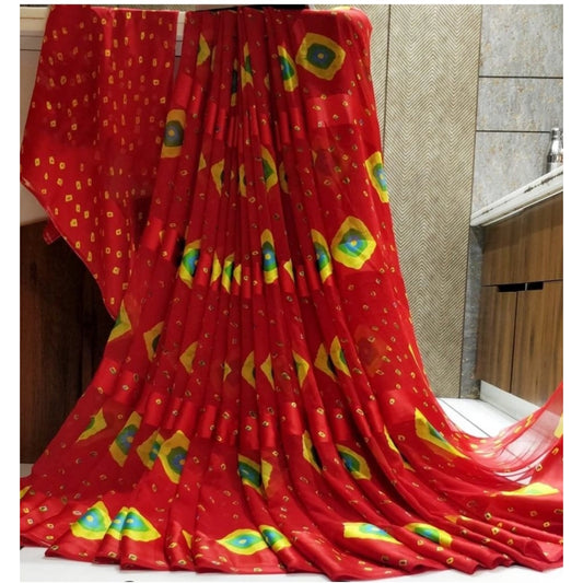 pkrkart Women's Satin Patta Printed Saree With Unstitched Blouse (Red)