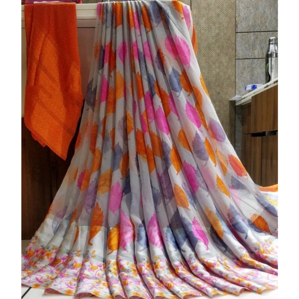pkrkart Women's Satin Patta Printed Saree With Unstitched Blouse (Grey)