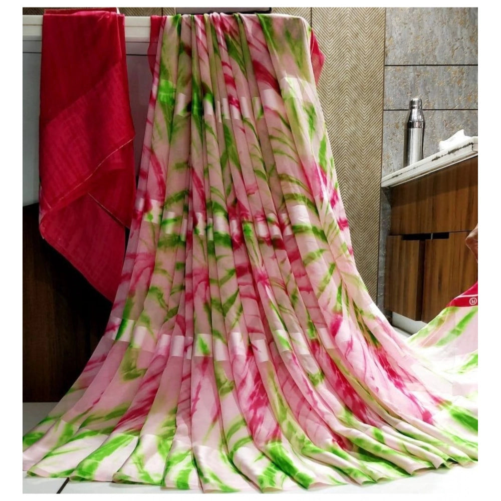 pkrkart Women's Satin Patta Printed Saree With Unstitched Blouse (Pink)