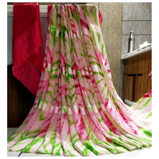 pkrkart Women's Satin Patta Printed Saree With Unstitched Blouse (Pink)