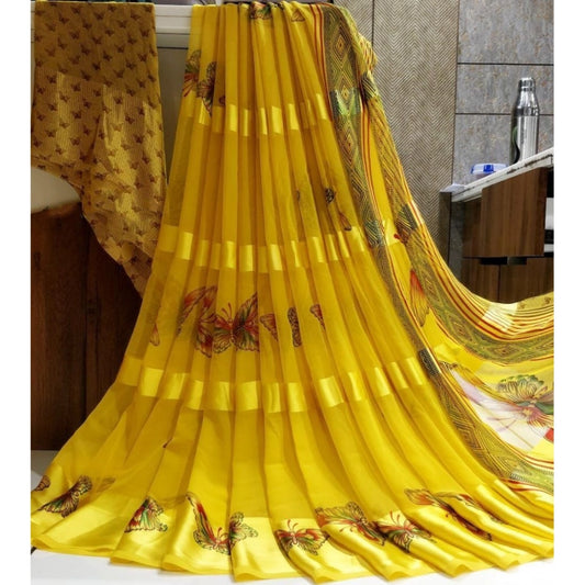 pkrkart Women's Satin Patta Printed Saree With Unstitched Blouse (Yellow)