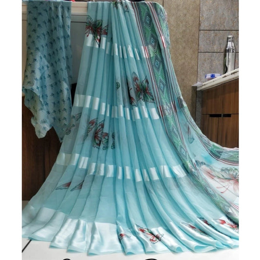 pkrkart Women's Satin Patta Printed Saree With Unstitched Blouse (Skyblue)
