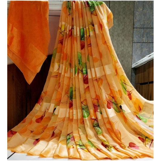 pkrkart Women's Satin Patta Printed Saree With Unstitched Blouse (Orange)