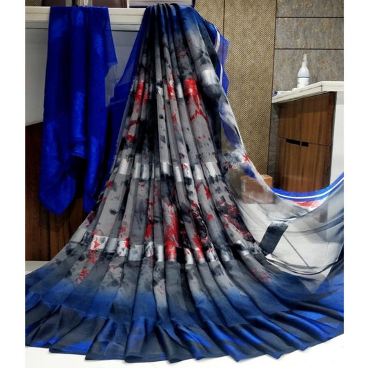 pkrkart Women's Satin Patta Printed Saree With Unstitched Blouse (Grey)