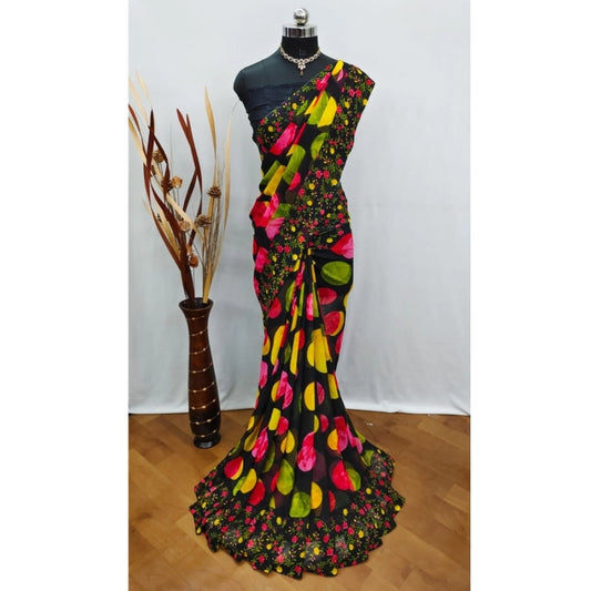pkrkart Women's Georgette Printed Saree With Unstitched Blouse (Black)