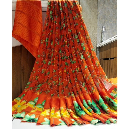 pkrkart Women's Satin Patta Printed Saree With Unstitched Blouse (Orange)