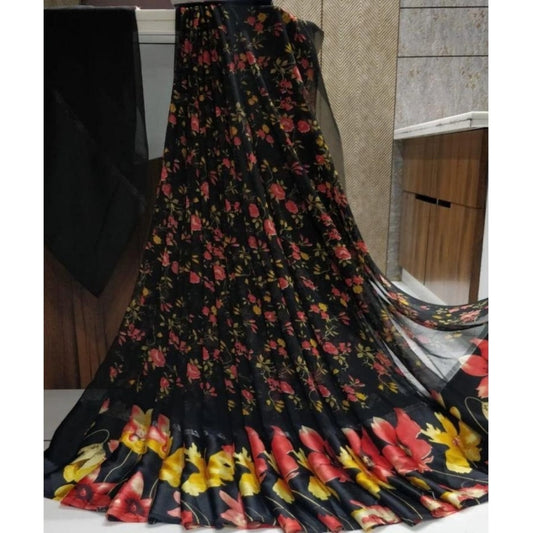 pkrkart Women's Satin Patta Printed Saree With Unstitched Blouse (Black)