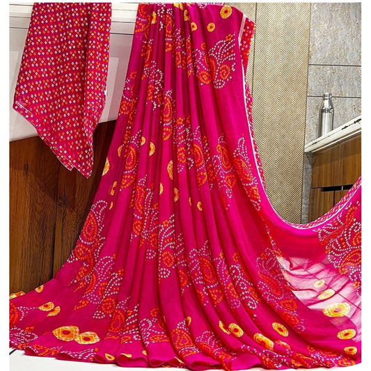 pkrkart Women's Georgette Printed Saree With Unstitched Blouse (Pink)