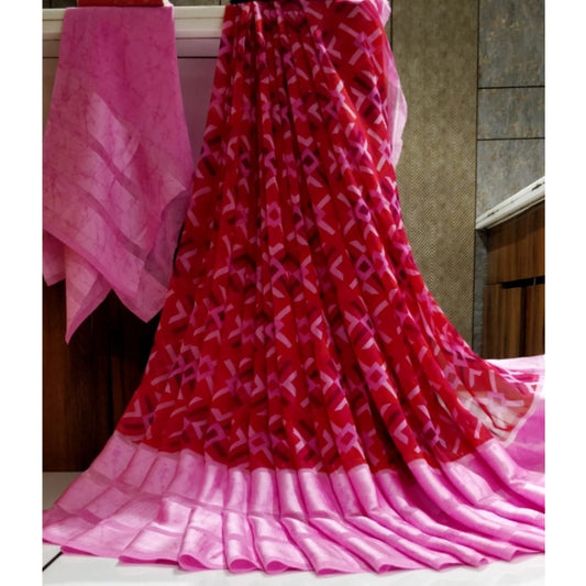 pkrkart Women's Satin Patta Printed Saree With Unstitched Blouse (Pink)