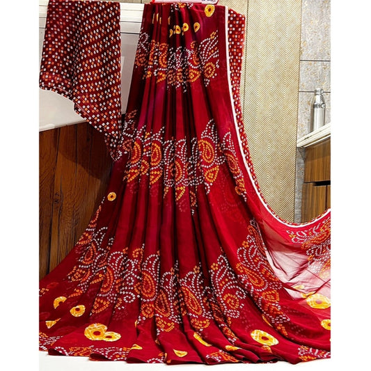 pkrkart Women's Georgette Printed Saree With Unstitched Blouse (Maroon)