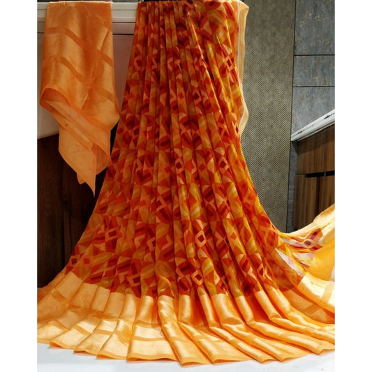 pkrkart Women's Satin Patta Printed Saree With Unstitched Blouse (Orange)