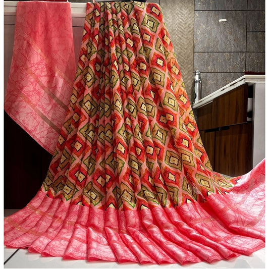 pkrkart Women's Satin Patta Printed Saree With Unstitched Blouse (Pink)